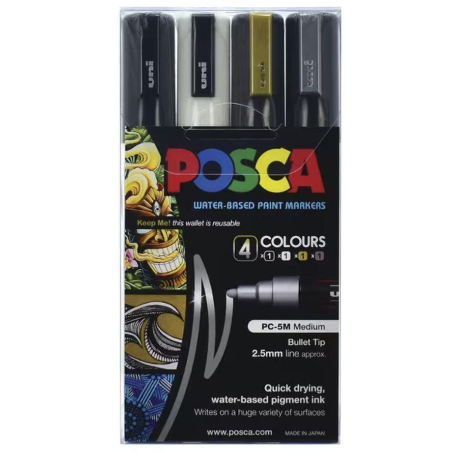 POSCA Black & White - Fine to Medium Set of 8 Pens PC-5M, PC-3M, PC-1M,  PC-1MR